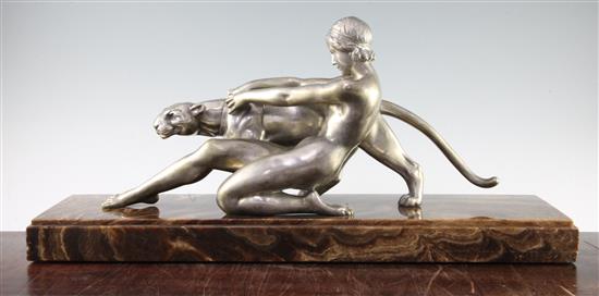 Alexandre Ouline (France, fl.1918-1940). An Art Deco silvered bronze Girl with a Panther, 24in.